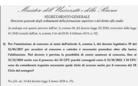 TFA Sostegno IX ciclo: Non più necessari I 24 CFU In una nota inviata alle Università il 10 aprile, il MUR specifica che, per la s specifica che, per la scuola secondaria, non è più necessaria la certificazione dei 24 CFU di cui al D.M. n. 616/2017.