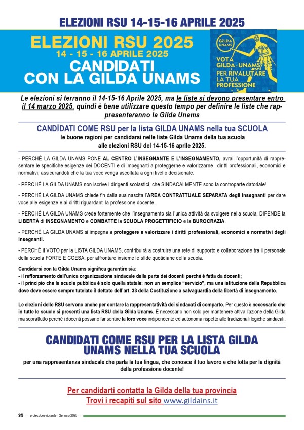 Elezioni RSU 14/16 aprile 25. Perchè votare GILDA UNAMS