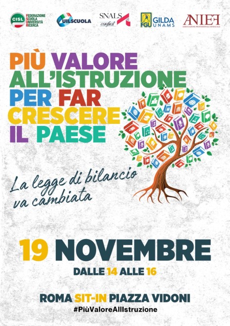 Più valore all'Istruzione. La legge di bilancio va cambiata. Sit in  Mercoledì19 novembre Piazza Vidoni Roma