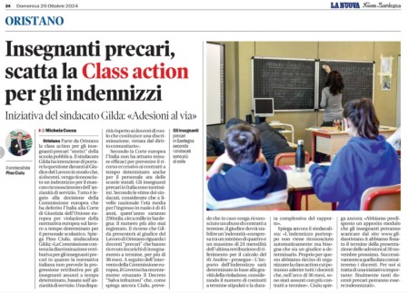 Oggi su La Nuova. Insegnanti Precari. Scatta la Class action per gli indennizzi. Iniziativa del Sindacato Gilda: &quot;Adesioni al via&quot;